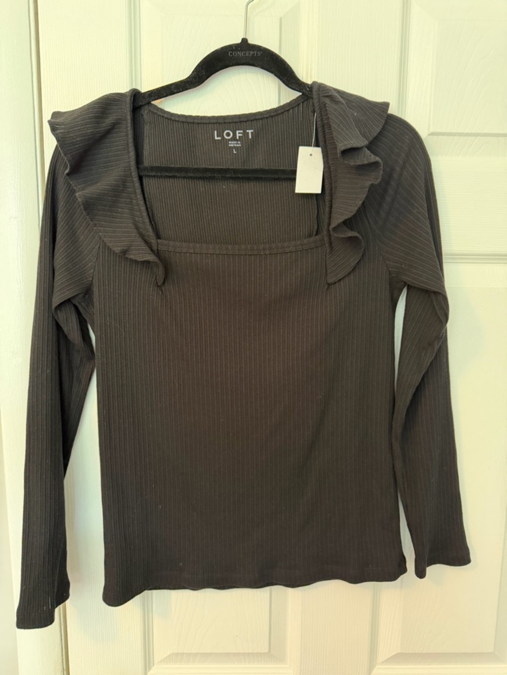 LOFT Charcoal Ribbed Long-Sleeve Top with Ruffle Square Neckline